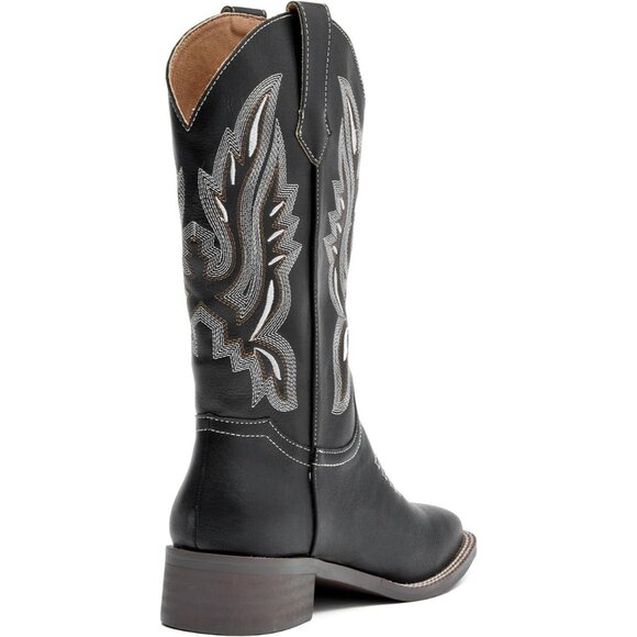 kkdom Women Black Cowboy Square Toe Western Cowgirl Mid Calf Boot - Picture 3 of 8